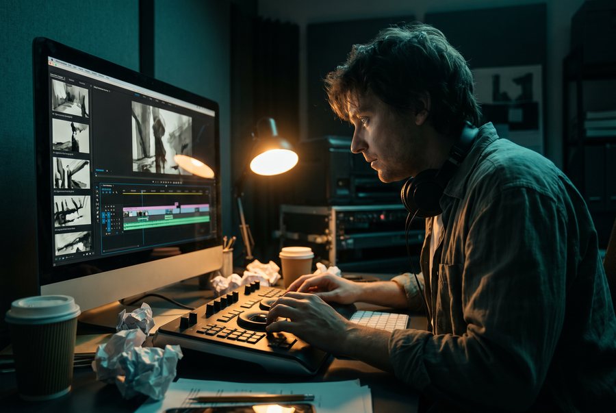 Een filmeditor bekijkt een storyboard en montage met AI gegenereerde conceptbeelden