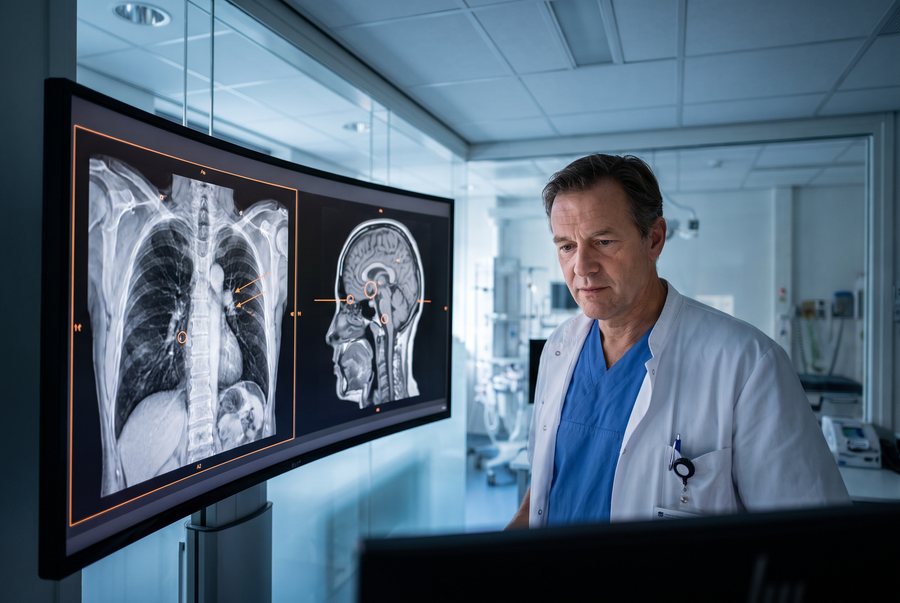 Een arts bekijkt röntgen- en MRI-beelden met AI ondersteuning