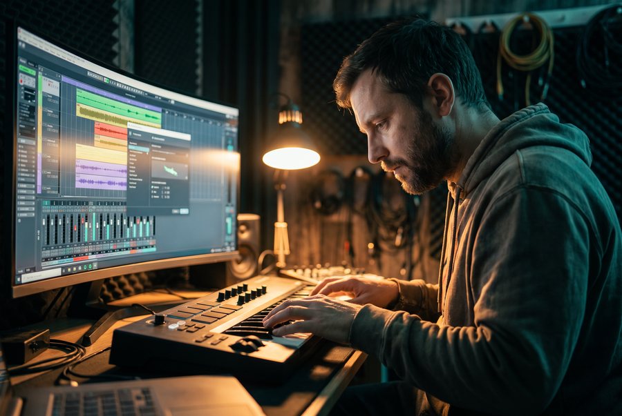 Een muziekproducer werkt aan een track met een AI instrumentenpaneel
