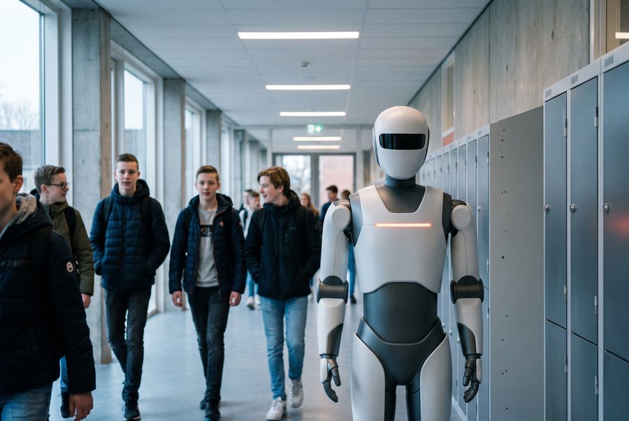 Een robot loopt door een schoolgang tussen leerlingen
