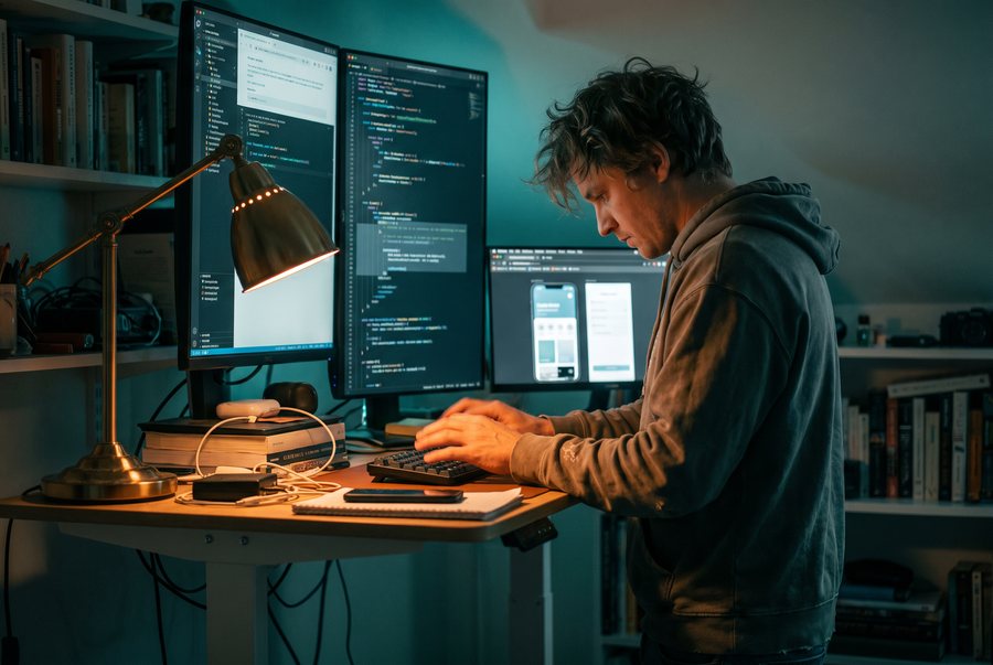 Een developer programmeert met AI code suggesties op het scherm