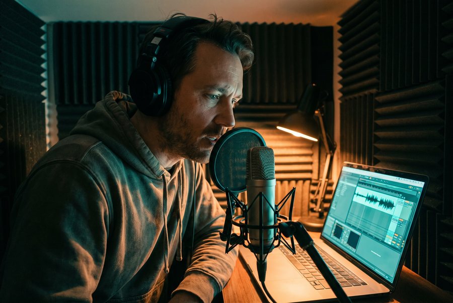 Een stemacteur in een opnamestudio, een geluidsgolf wordt gegenereerd op het scherm ernaast