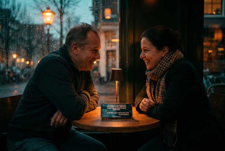 Twee mensen aan een tafel, live vertaling verschijnt op een telefoon tussen hen in