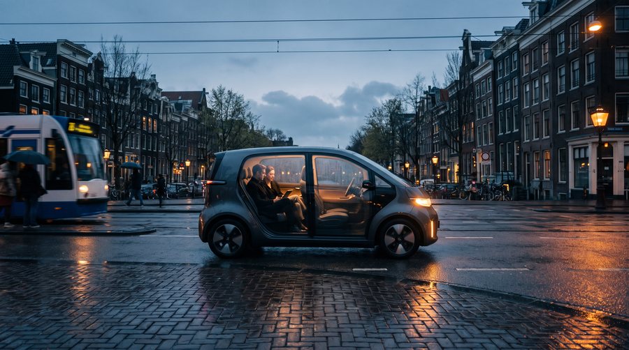 Een zelfrijdende auto in een Nederlandse straat bij avond