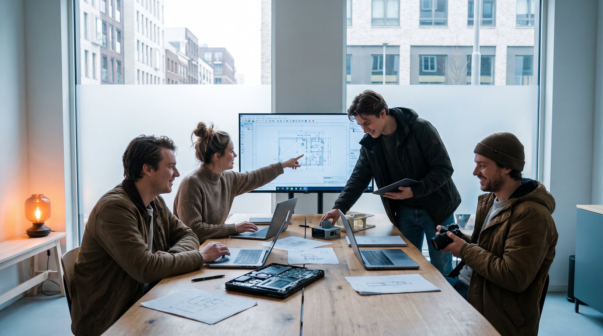 Een team werkt samen met AI hulpmiddelen, een beeld van hoe werk er in de toekomst uitziet
